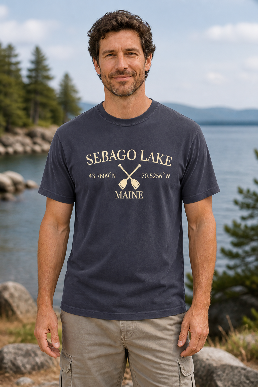 Man wearing the Navy Sebago Lake Coordinates and Paddles garment-dyed T-shirt by a Maine lake