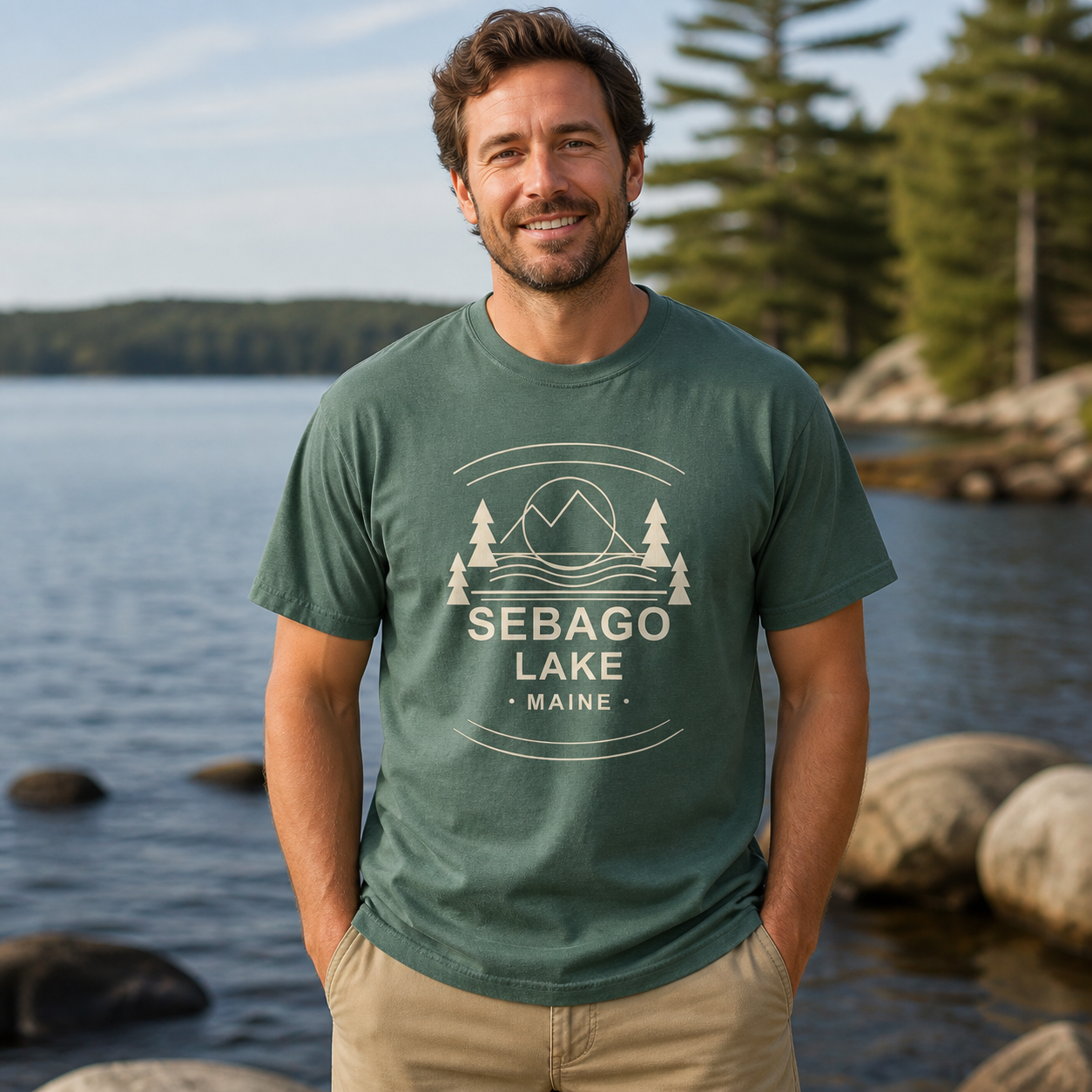 Man wearing the Blue Spruce Sebago Lake Maine garment-dyed T-shirt by the lake