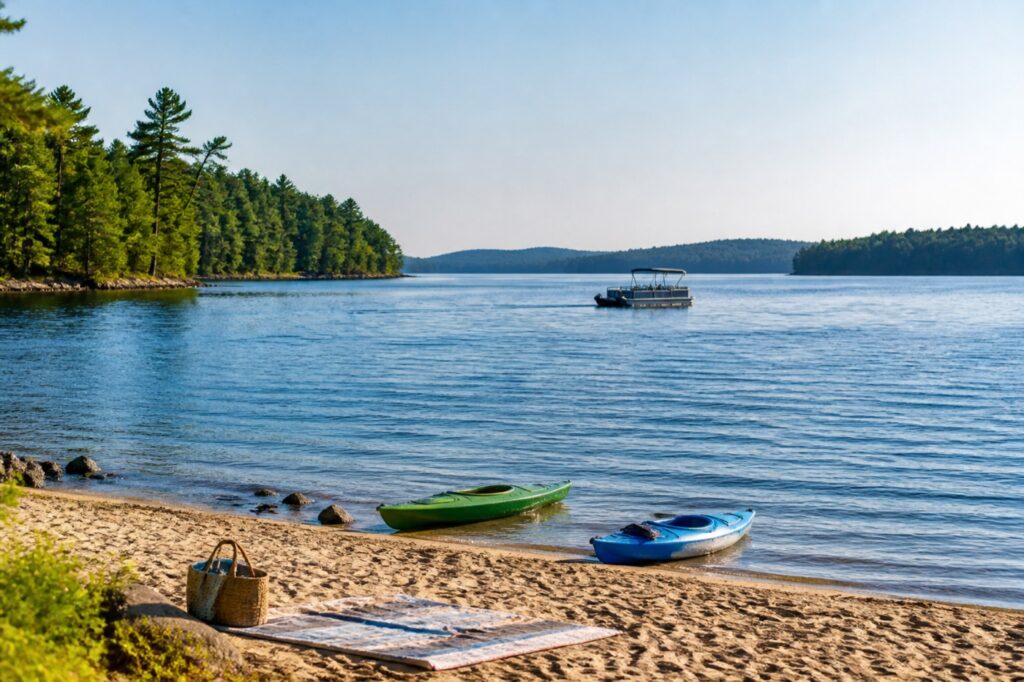 Kayaks on a sandy Sebago Lake shoreline with a pontoon boat on the water