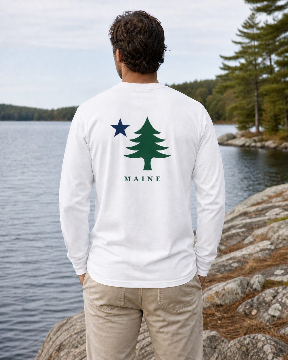 Male model wearing the white Maine Lone Pine Flag long-sleeve shirt, back view