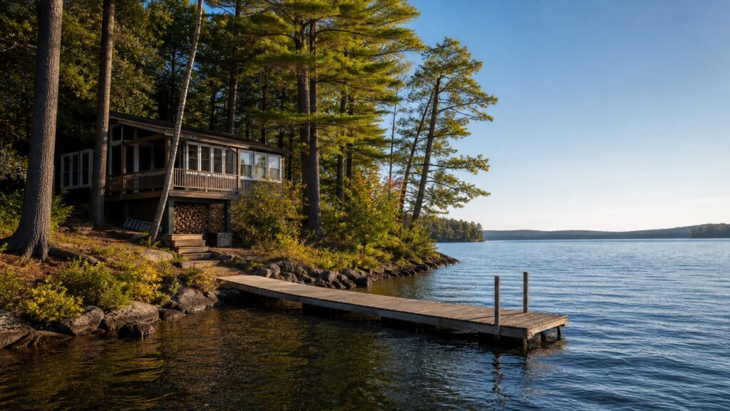 A wooded Maine lake camp and dock beside calm blue water near Sebago Lake.