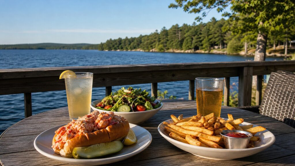 Lobster roll, salad, and fries on a lakeside restaurant deck near Sebago Lake