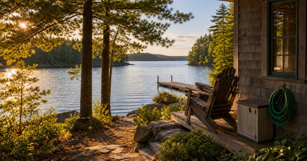 A seasonal lake camp, stacked Adirondack chairs, dock, and calm water near Sebago Lake in early fall.