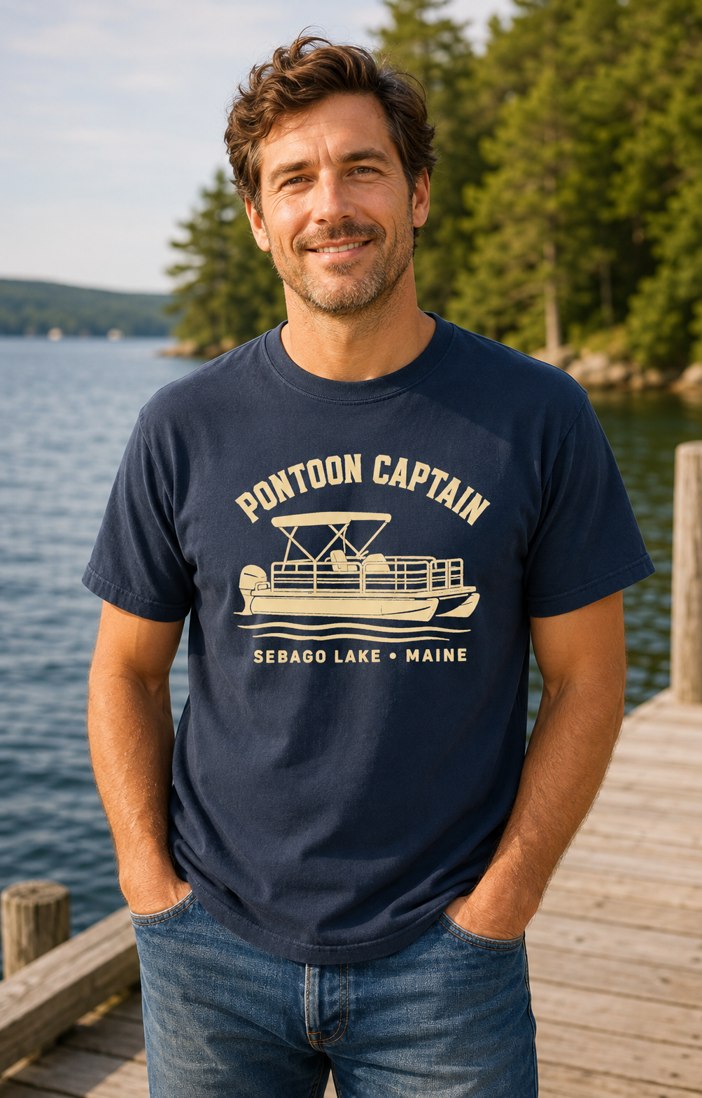 Man wearing a navy Pontoon Captain Sebago Lake Maine t-shirt on a lakeside dock