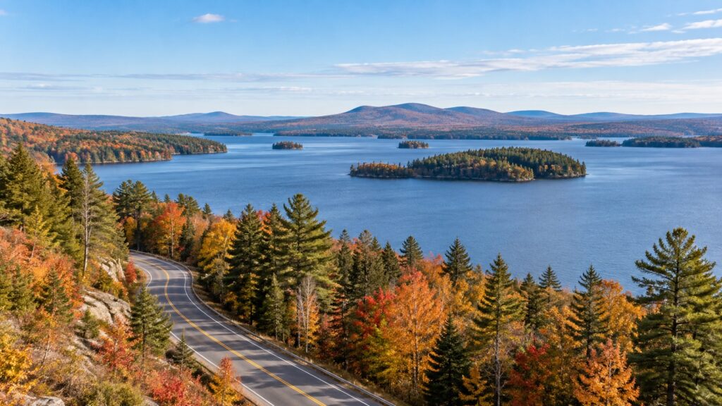 Autumn foliage surrounding a broad view of Sebago Lake in Maine.