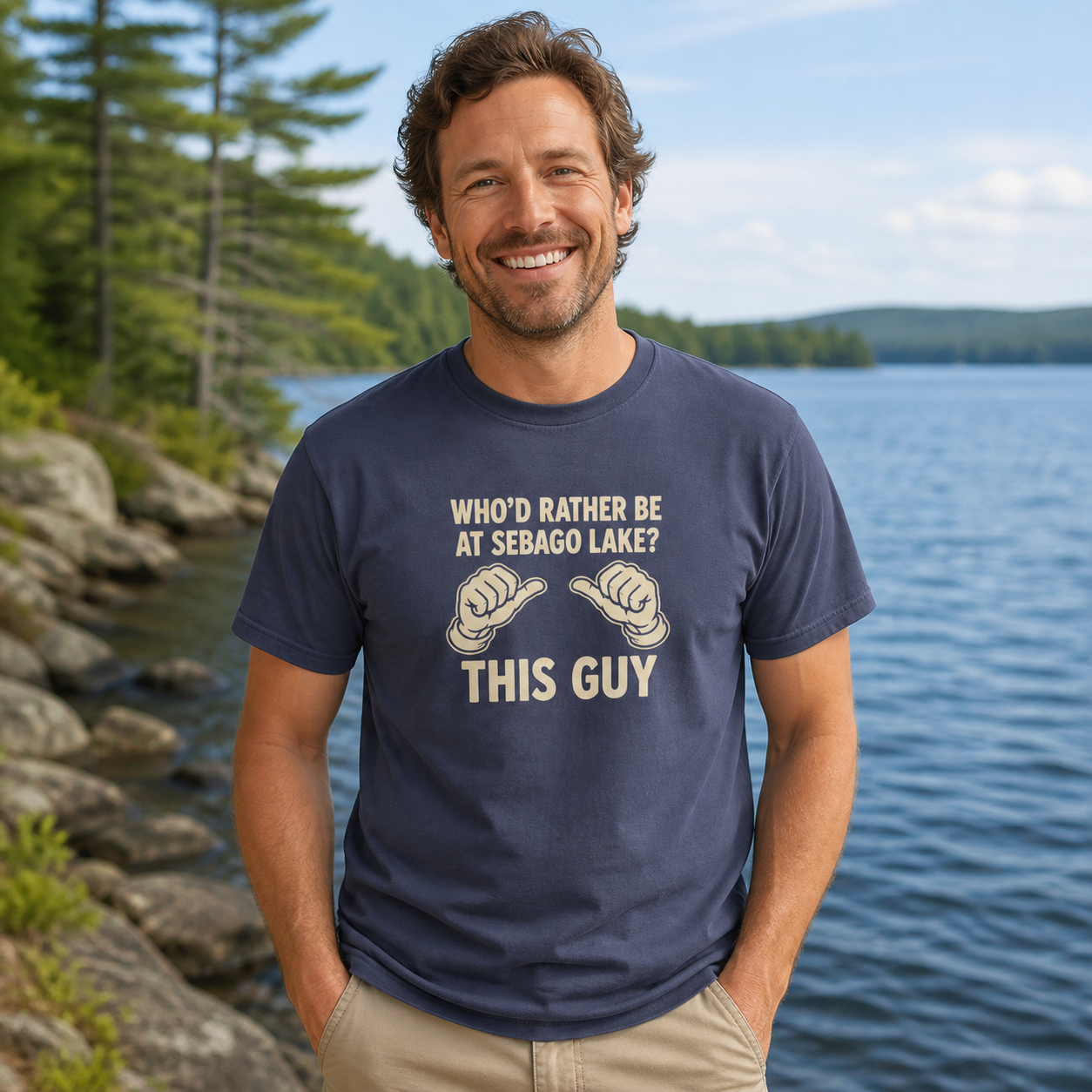 Man wearing the Who’d Rather Be at Sebago Lake This Guy navy T-shirt by the lake