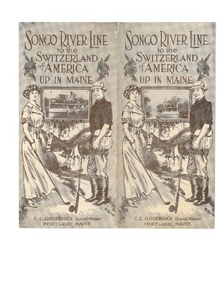 Illustrated 1912 Songo River Line travel booklet cover advertising trips to the Switzerland of America in Maine.