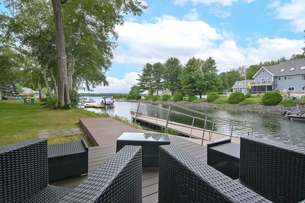 Dock and lakeside deck at The Lazy Bully on Jordan Bay