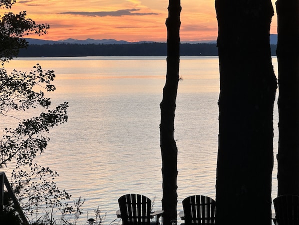 A serene lakeside view with two Adirondack chairs facing the water, surrounded by tall trees.